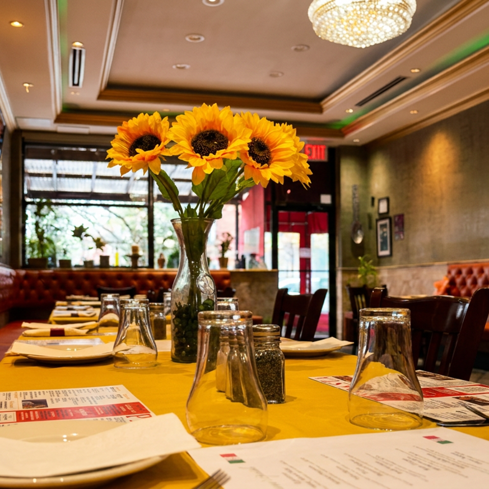 Restaurant dining room with red booths, yellow tablecloths, set tables, and a sunflower vase.