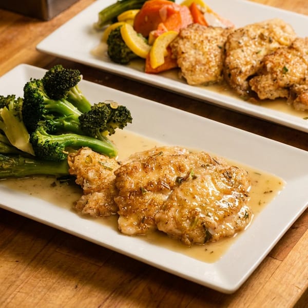 Two plates of golden fillets in sauce, one with broccoli, the other with mixed vegetables on wood.