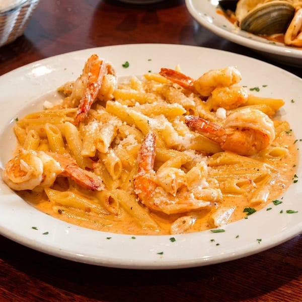 Penne pasta with shrimp in a creamy sauce, topped with grated cheese and fresh parsley.