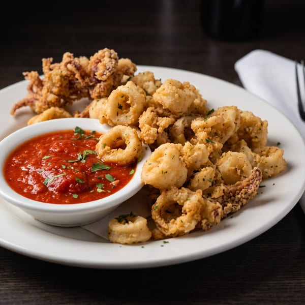 Crispy fried calamari rings and tentacles with a side of red marinara sauce, garnished with parsley.