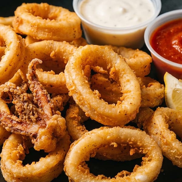 Crispy fried calamari rings and tentacles with marinara, tartar sauce, and lemon wedges.