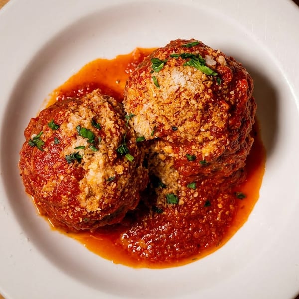 Two large meatballs in red sauce, topped with grated cheese and fresh herbs, on a white plate.