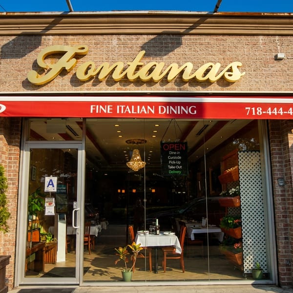 Fontanas Fine Italian Dining storefront with a red awning and visible interior seating.