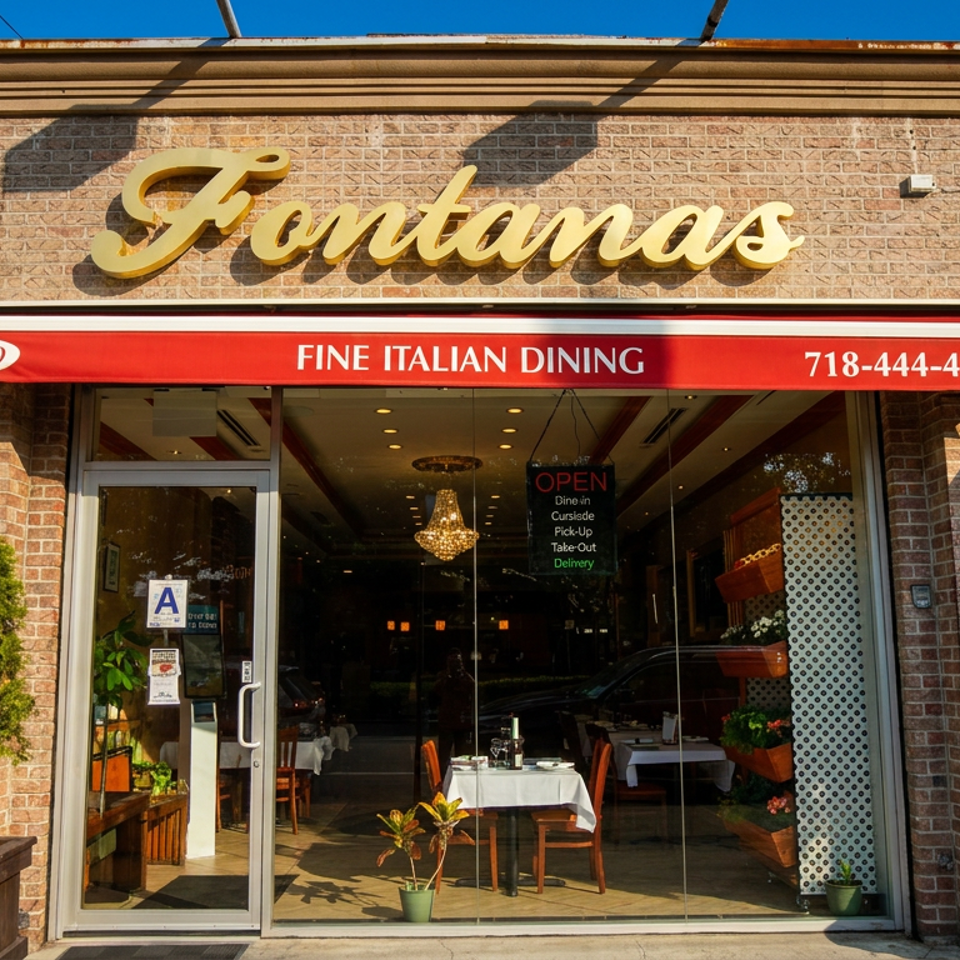 Fontanas Fine Italian Dining storefront with a red awning and visible interior seating.