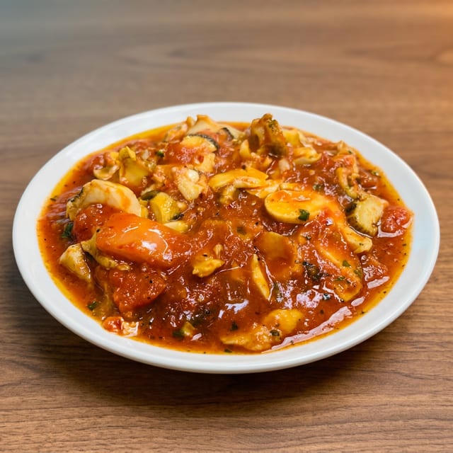 Scungilli Fra Diavolo Over Linguine.